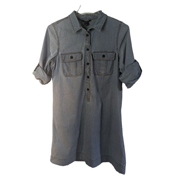 J Crew Factory Classic Chambray Cotton Button Shirt Dress Roll-tab sleeve Sz S - Picture 2 of 10